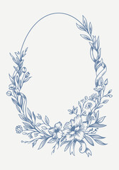 Botanical blue wedding frame or wreath on white background. Hand drawn floral, flower, leaf branch in toile de jouy style. Line art for wedding, monogram, invitation, greeting, logo, birthday cards