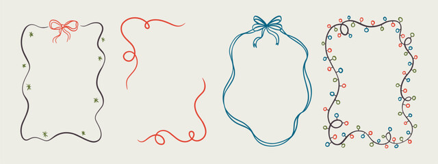 Set of Merry Christmas whimsical hand-drawn blue orange green color frames with wavy squiggle curly ribbons in trendy, vintage styles. Perfect for quirky holiday, Christmas invitation,greeting card