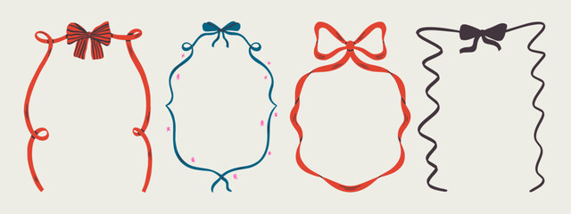 Set of Merry Christmas whimsical hand-drawn blue orange green color frames with wavy squiggle curly ribbons in trendy, vintage styles. Perfect for quirky holiday, Christmas invitation,greeting card