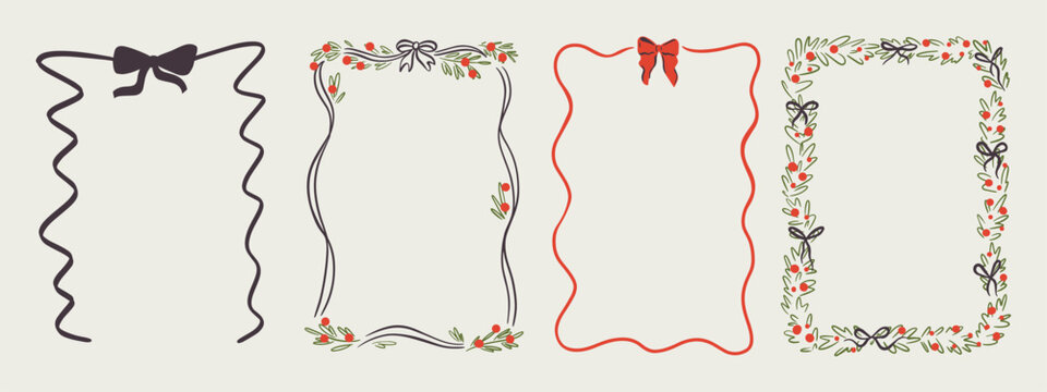 Set of Merry Christmas whimsical hand-drawn blue orange green color frames with wavy squiggle curly ribbons in trendy, vintage styles. Perfect for quirky holiday, Christmas invitation,greeting card