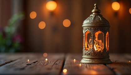Ramadan Kareem holiday background.Close up Arabic lantern metal on brown wooden