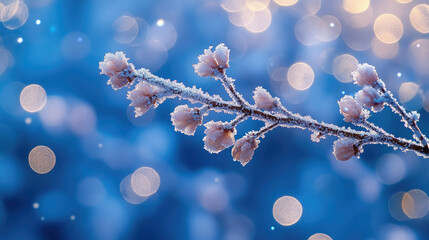 snowy branches on blue shining bokeh background, winter nature, christmas wallpaper, new year, snow on trees, plant, xmas, postcard