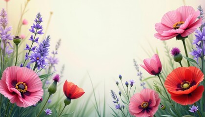 Copy space in the middle, surrounded with flowers borage, chicory, blazing star, and black cohosh.