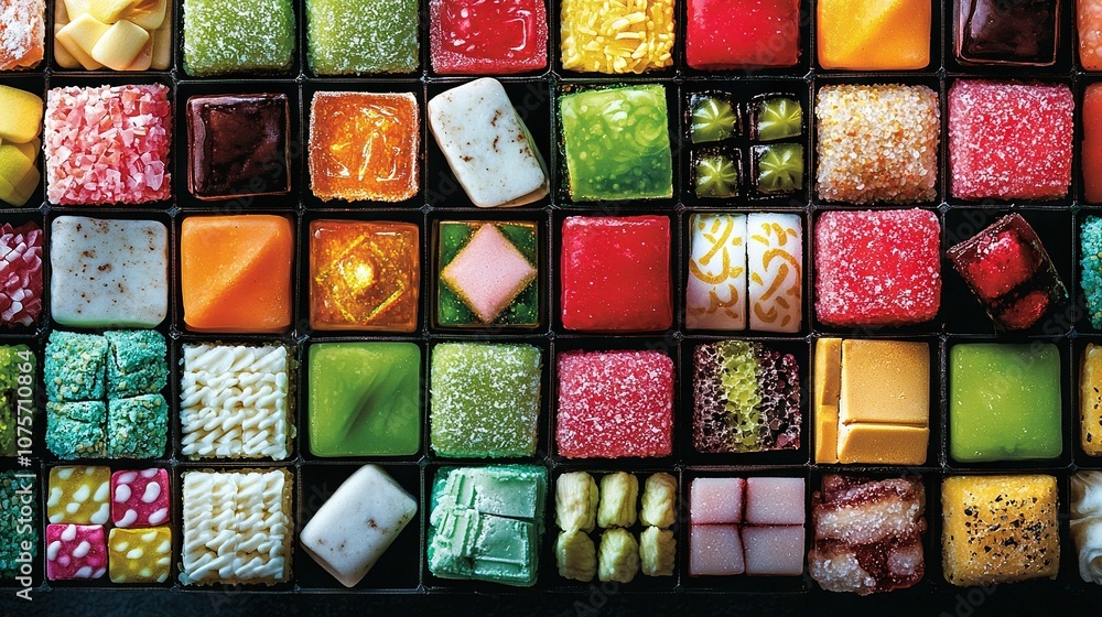 Poster a close-up of multicolored candies in a black container with a black edge