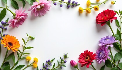 Copy space in the middle, surrounded with flowers queen’s rocket, wood betony, golden marguerite, and ice plant.