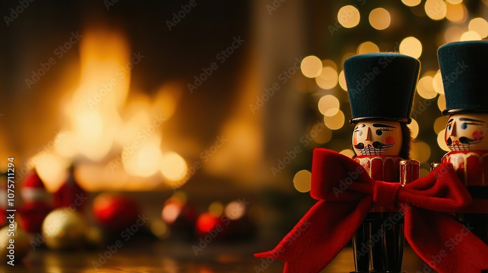 Poster a pair of nutcrackers rest beside each other in front of a christmas tree adorned with lights in the