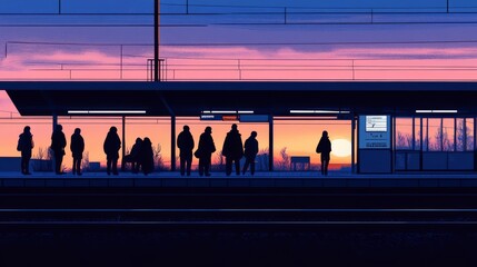 People wait on a train platform as the sun sets.