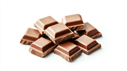 Fototapeta premium Close-up of milk chocolate pieces, smooth and glossy texture isolated on white background, perfect for dessert and confectionery advertisements, minimalistic design