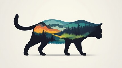 Beautiful Silhouette of a Cat with a Scenic Landscape Inside, Capturing the Harmony Between Nature and Feline Grace in a Unique Artistic Representation