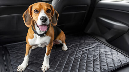 Naklejka premium Joyful beagle sitting comfortably in car interior, dog travel concept