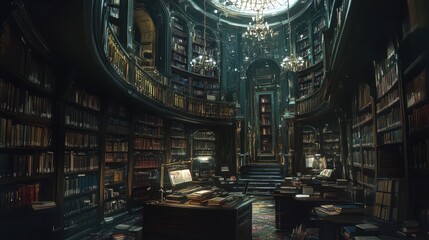 Obraz premium A grand library with endless bookshelves. This image depicts a place of knowledge and exploration, ideal for educational or historical projects.