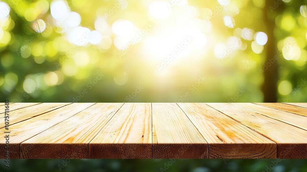 Poster wooden table in focus, blurred trees and grass in foreground, sunlight filtering from trees behind