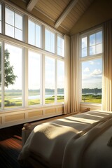 Fototapeta premium Bedroom with large windows overlooking a waterfront scene