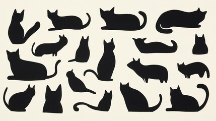 A Collection of Stylish Black Cat Silhouettes on a Light Background, Featuring Various Poses and Styles for Creative Projects and Design Inspiration