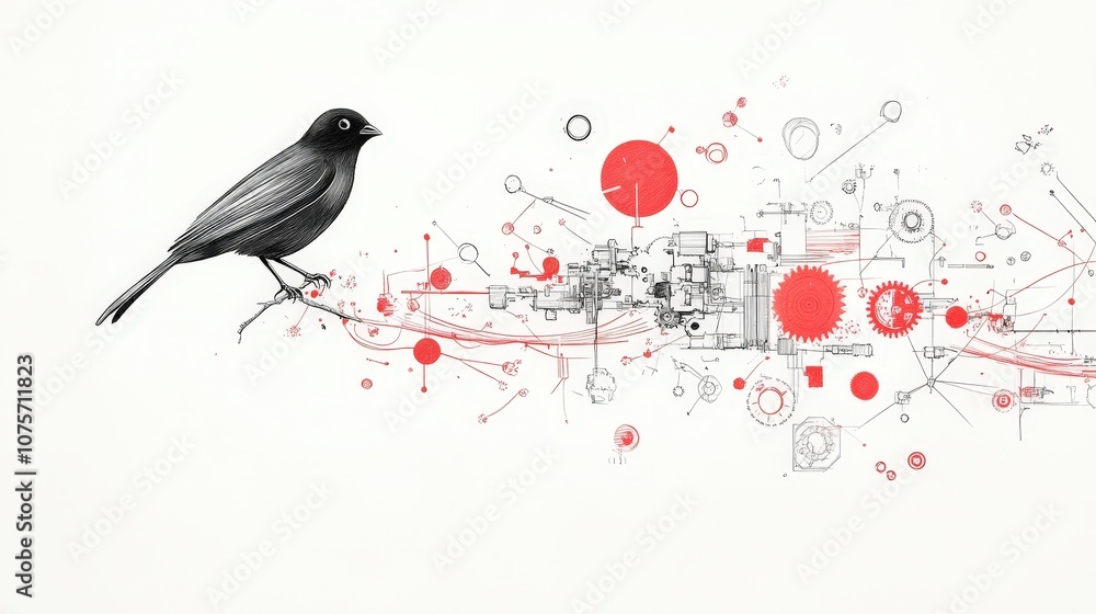 Poster artistic representation of a black bird perched on a branch surrounded by abstract shapes, lines, an