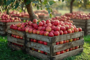 Many large wooden fruit crates filled with many apples