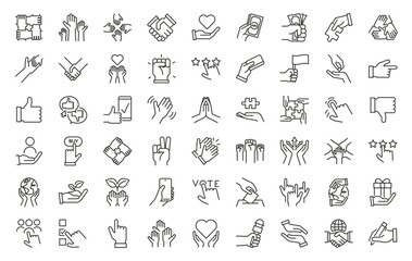 Fototapeta premium Hand Gestures and Actions Icons Set – Thin Line Vector Graphic Elements for Communication, Collaboration, Business, Partnerships, Teamwork, Sustainability, and Inclusion