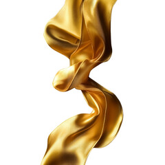 Gold silk flowing ribbon fabric swirl wave isolated on transparent and white background. Vertical. 
