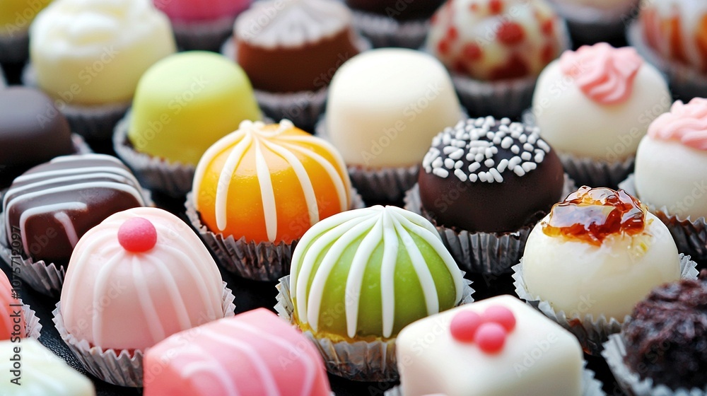 Poster close-up of various chocolate types on a table with white frosting and sprinkles