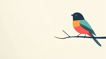 Vibrant and Stylized Illustration of a Colorful Bird Sitting on a Branch Against a Minimalist Background for Nature and Wildlife Concepts
