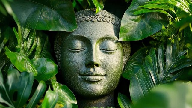 Serene buddha statue nestled among lush green leaves, creating a tranquil atmosphere for relaxation and mindfulness. Perfect for yoga, spa, or meditation designs