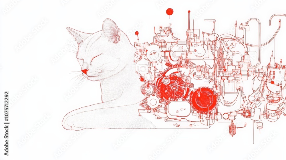 Poster abstract illustration of a cat merging with mechanical elements, featuring intricate linework and a 
