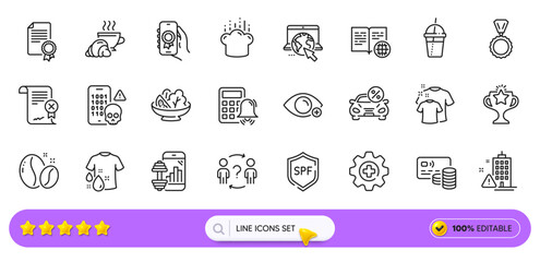 Delegate question, Clean t-shirt and Medicine line icons for web app. Pack of Coffee beans, Cyber attack, Fitness app pictogram icons. Spf protection, Internet, Medal signs. Search bar. Vector