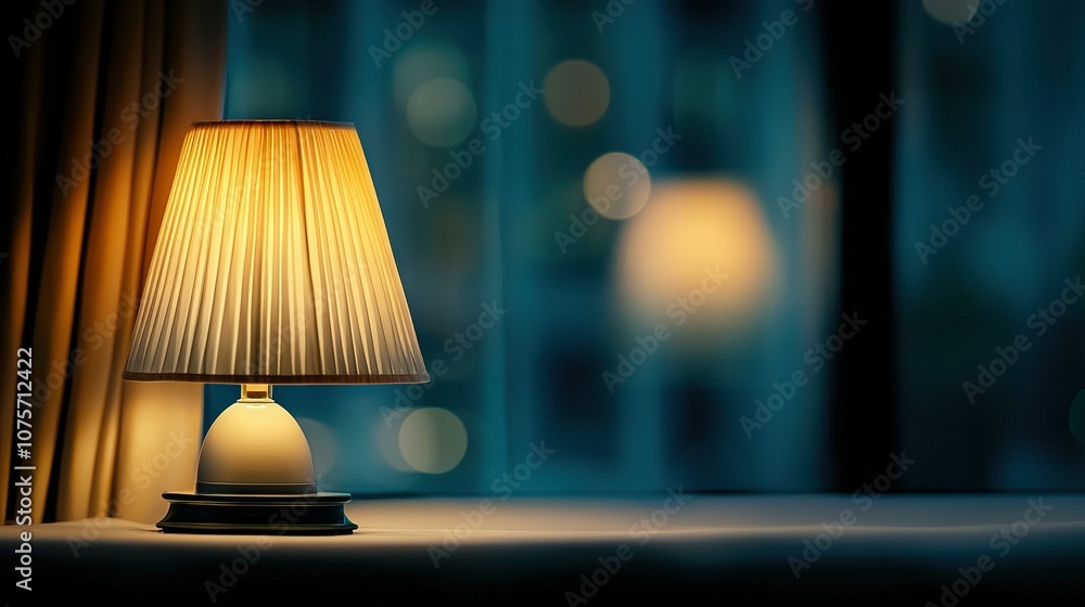 Poster a lamp rests on a table near a window with a curtain-covered sill