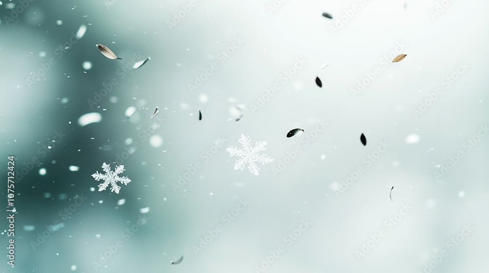 Poster a photo of snowflakes falling from a window, with a clear image of a snowflake in the foreground