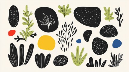 Abstract Illustration of Organic Shapes with Greenery Elements and Colorful Accents for Modern Design Projects and Creative Backgrounds