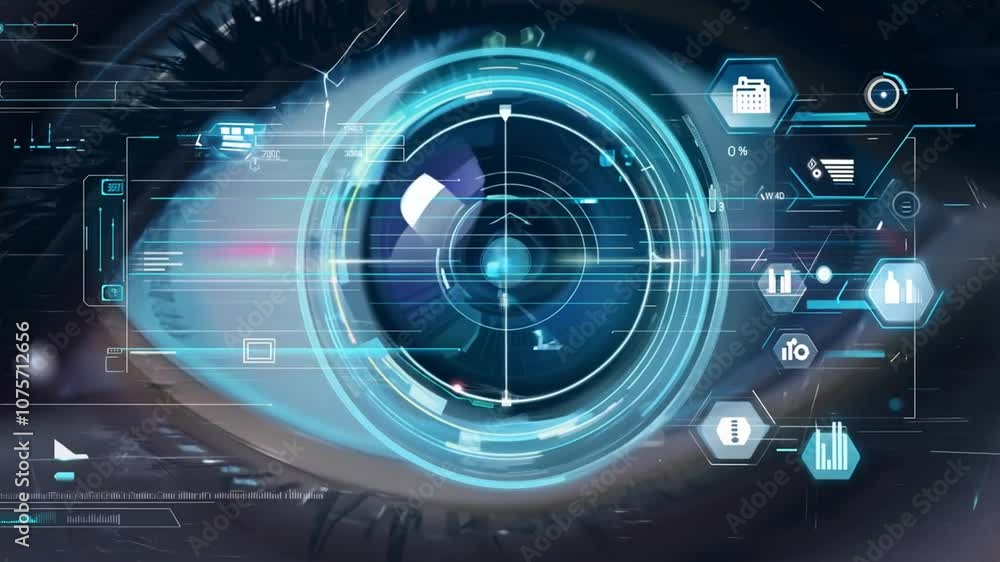 Poster futuristic eye hud monitor displaying sci-fi analytics and interfaces generative ai