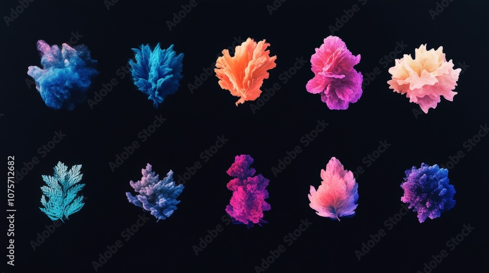 Poster collection of colorful coral-like textures on black background showcasing vibrant hues and intricate