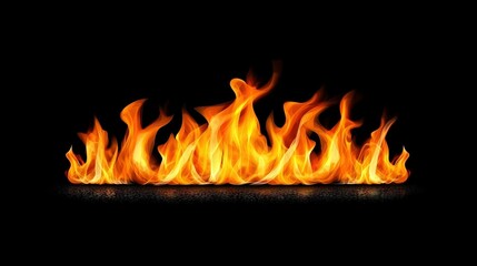 Fototapeta premium Close-up photo of a group of fiery flames on a dark background, reflecting on the ground below