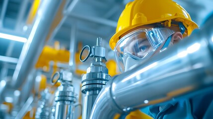 Group of engineers recording methane levels at a landfill's gas capture zone, complex piping system and machinery creating an industrial atmosphere