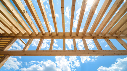 Une charpente en bois sous un ciel bleu vif avec des nuages.