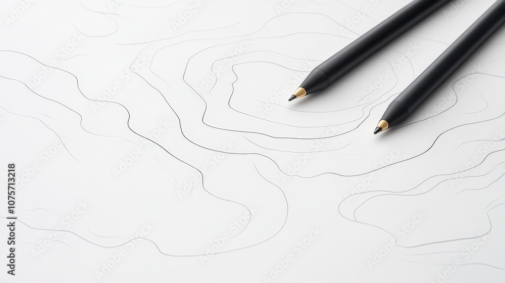 Poster Black Pencils on White Paper with Abstract Contour Lines Creating a Minimalistic Background for Design and Creativity Projects