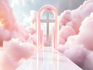 Modern Pink Archway with Cross and Surrounding Clouds, Serene and Minimalist Design in a Pastel Heavenly Setting with Soft Reflections and Tranquil Atmosphere