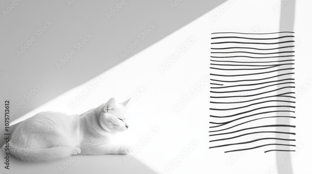 Poster white cat relaxing in soft light with abstract black lines on a minimalist background creating a cal