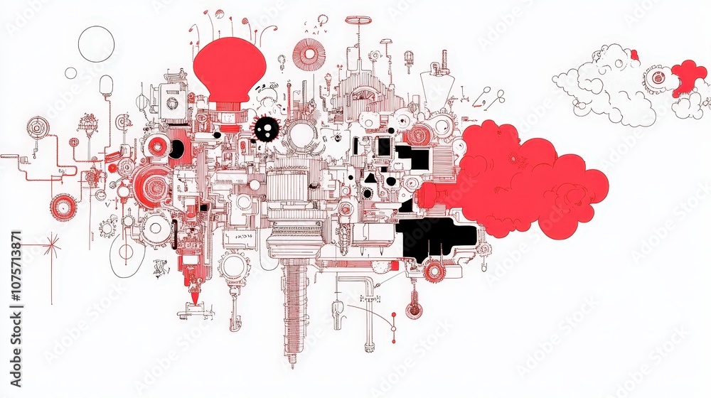 Poster abstract red and white illustration with mechanical elements and whimsical designs, showcasing a uni