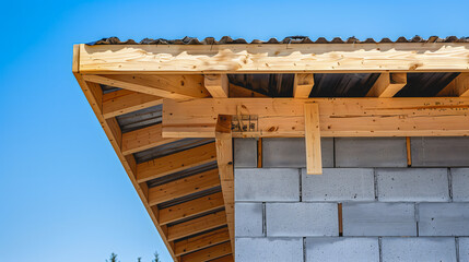 Une vue d&eacute;taill&eacute;e de la charpente du toit en bois contre un ciel bleu.