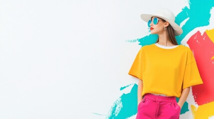 Fashionable young woman in vibrant outfit poses against colorful abstract background showcasing modern style and summer vibes, highlighting creativity and boldness.