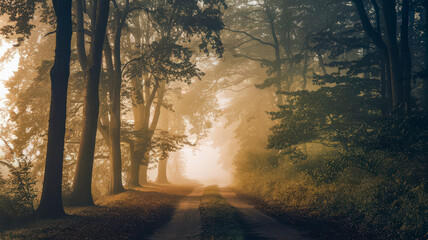 Beautiful morning walk in the forest with fog and sun rays