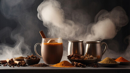 Obraz premium Steaming Masala Chai with Assorted Spices. A warm glass pitcher of steaming masala chai surrounded by vibrant spices in bowls, creating a rich, aromatic atmosphere. 