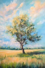 Fototapeta premium A Solitary Tree in a Field Under a Blue Sky with White Clouds