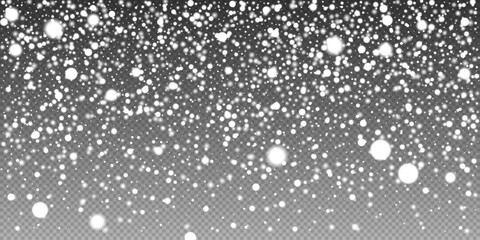 Falling snow overlay with varying sizes of white snowflakes and particles on  transparent background, ideal for creating realistic winter or Christmas effects. Vector illustration