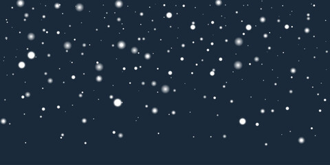 Soft and light snow particles scattered across dark blue background at winter night. Vector illustration