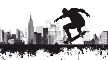 Naklejka premium Silhouette of a skateboarder performing a trick over a city skyline.
