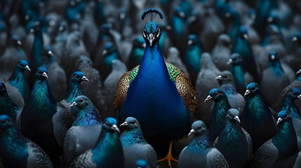 A colorful peacock stands out in a sea of muted pigeons, the embodiment of beauty and self-expression, vivid feathers illuminated by soft sunlight