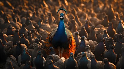 A colorful peacock stands out in a sea of muted pigeons, the embodiment of beauty and self-expression, vivid feathers illuminated by soft sunlight