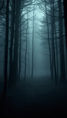 Mysterious, dark foggy forest pathway.  Blue-toned 
 Footpath thought a cold forest among high trees.